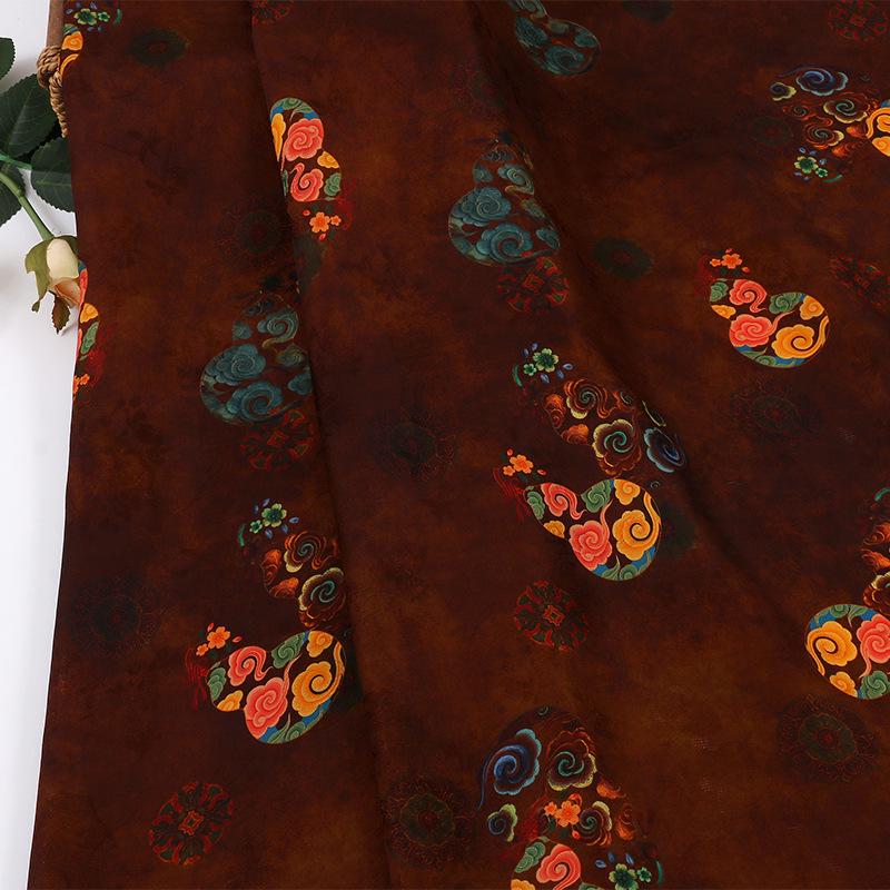 Brown Silk Fabric: Gourd Xiangyun Print, Cheongsam Dressmaking, 59" Wide