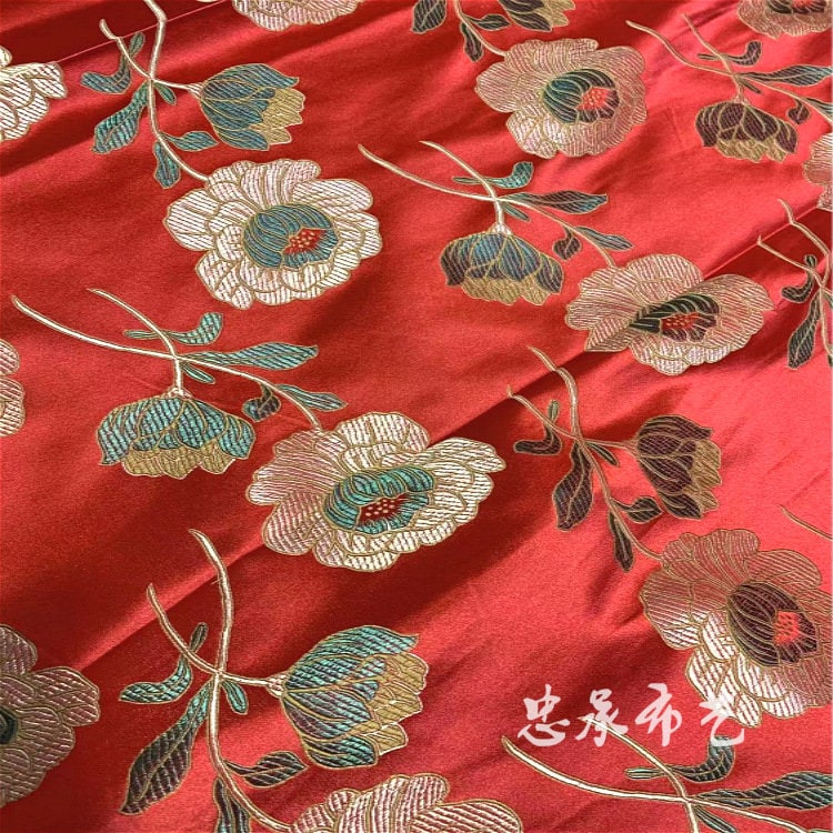 Lotus Brocade Fabric: Red Silk Blend Tibetan Textile (29"W)