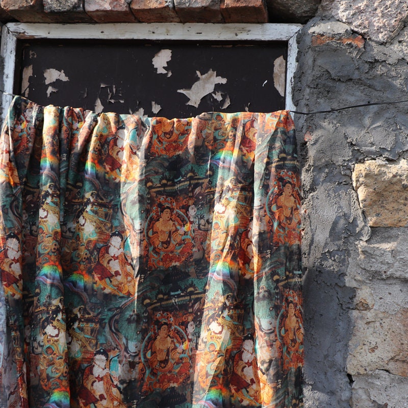 Dunhuang Fresco Buddha Linen Fabric: Asian Style Upholstery, Scarf, Curtain, Sewing (55"W)