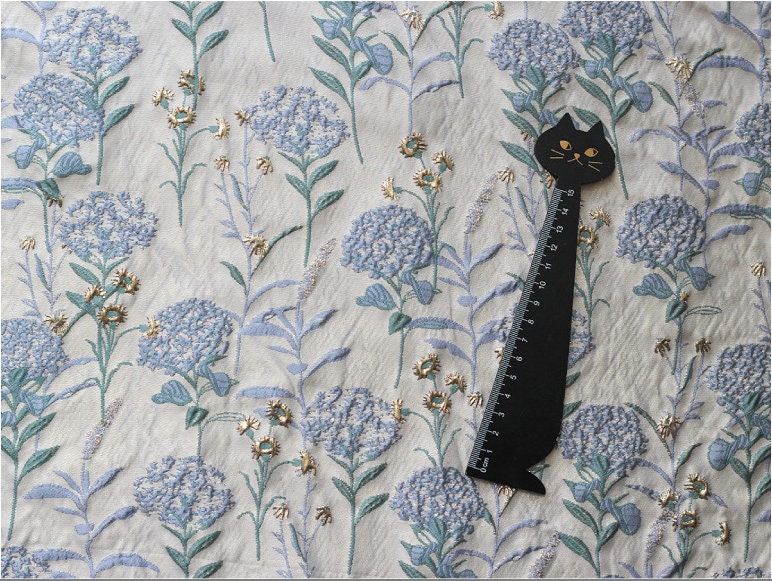 Blue Dandelion Jacquard Fabric: Lurex Woven with Gold, 56" Wide