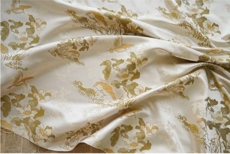 Floral Bird Print Fabric: Gold Thread Woven Polyester, 59" Wide