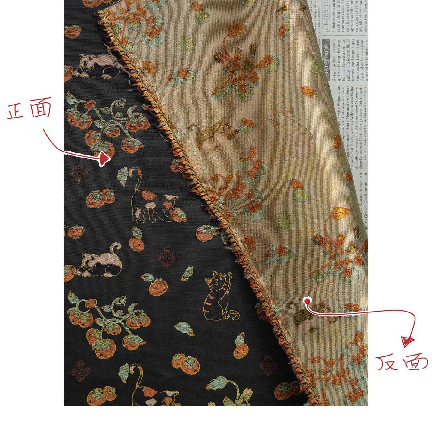 Luxury Cat & Persimmon Jacquard Fabric with Gold Accents for Handbags, 65"Wide