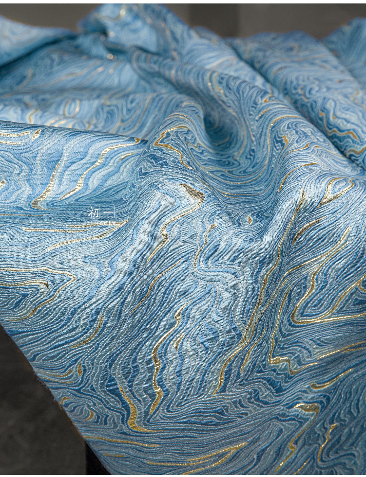 Gold & Light Blue Jacquard Fabric: 3D Texture Oil Painting Design