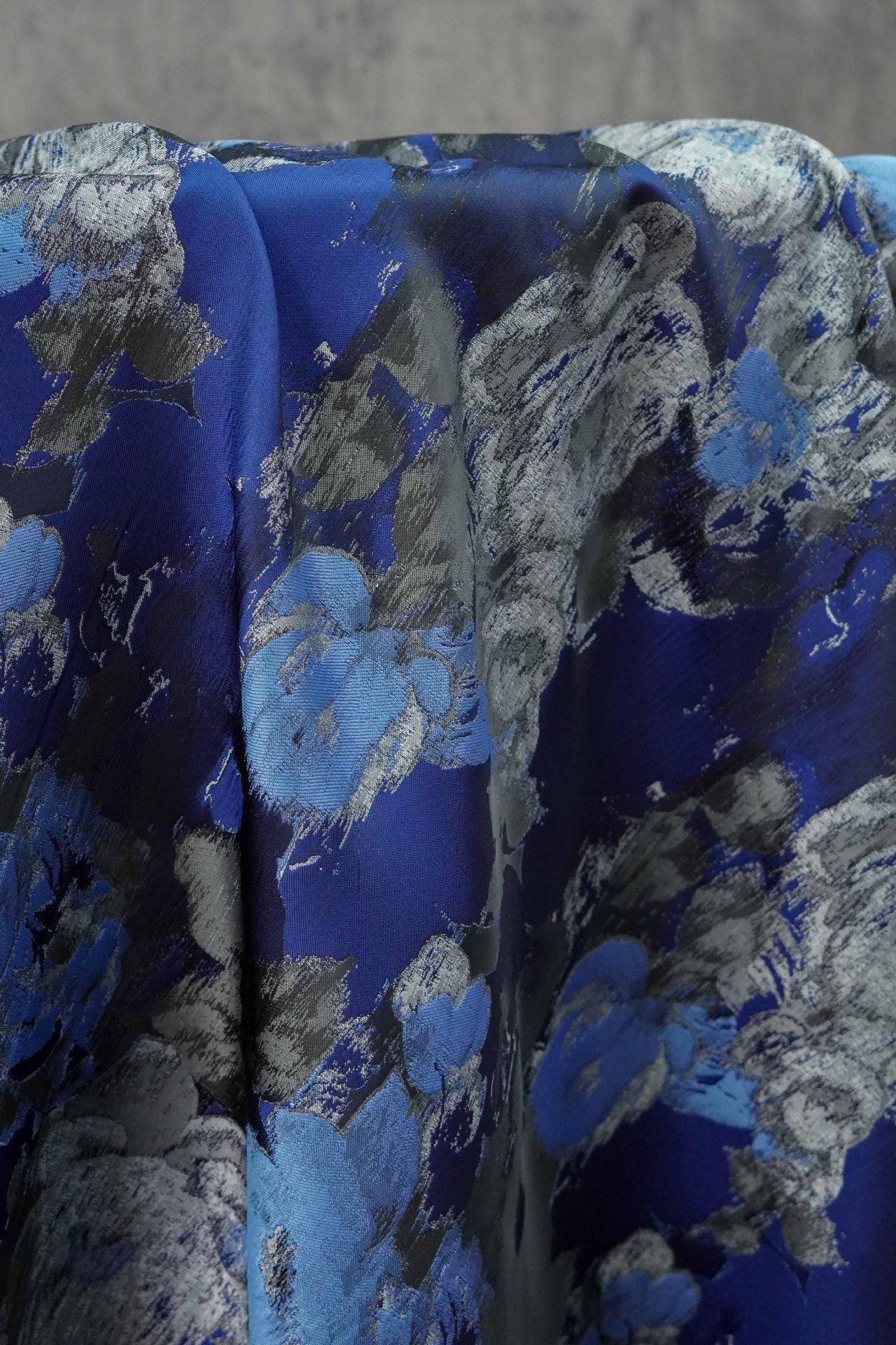 Blue Floral Brocade Fabric: Ink Painting Design, 60" Wide