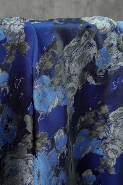 Blue Floral Brocade Fabric: Ink Painting Design, 60" Wide