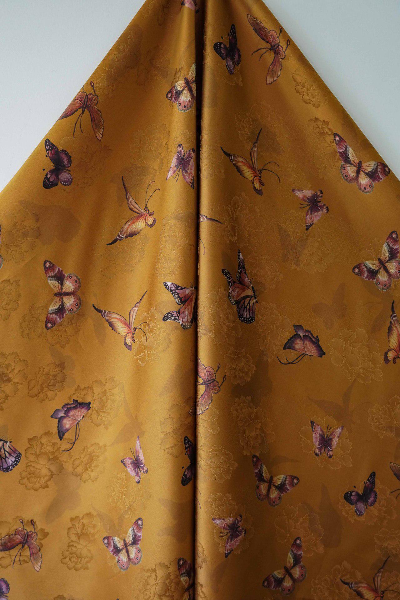 Butterfly Flower Tea Silk Satin Fabric: Digital Print (55"W)