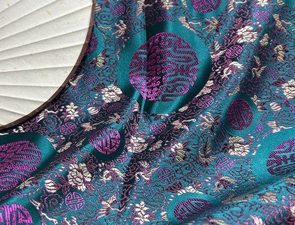 Japanese Crane Jacquard Satin Fabric: Birds & Pale Gold Upholstery Fabric