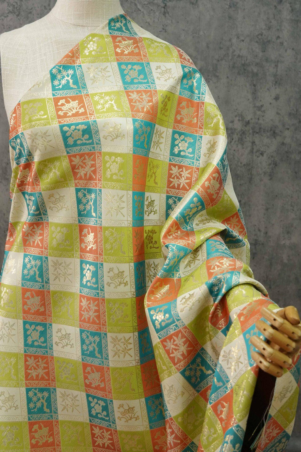 Jacquard Hanfu Fabric: Gold Weaving Ethnic Paddy Field Pattern, 59"W