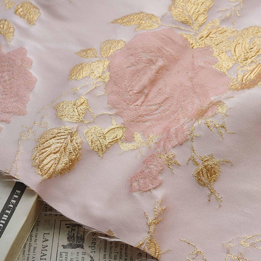 Luxury Jacquard Fabric ��� 3D Embossed Floral with Metallic Gold Accen"Wide