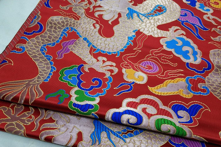 Red Dragon Brocade Fabric: Chinese Wedding Cheongsam Tapestry (27.5"W)