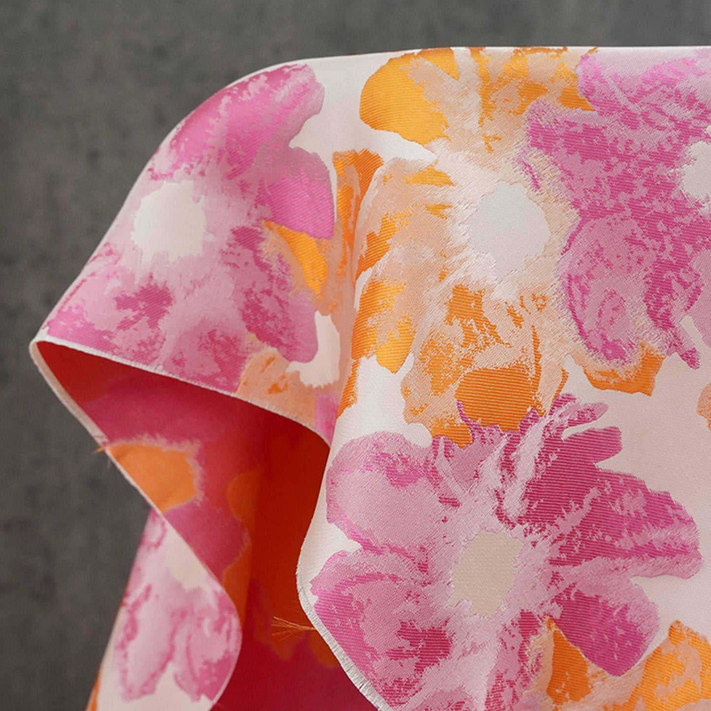 Floral Jacquard Brocade Fabric: Orange Pink Flower Pattern, 65" Wide