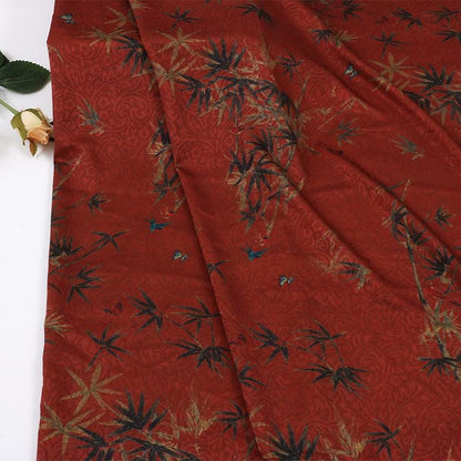 Red Peony & Bamboo Leaf Printed Chiffon Fabric ��� Elegant Flowing Materi"Wide