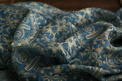 Blue Dunhuang Buddha Flower Ramie Fabric: 57"W Upholstery & Sewing