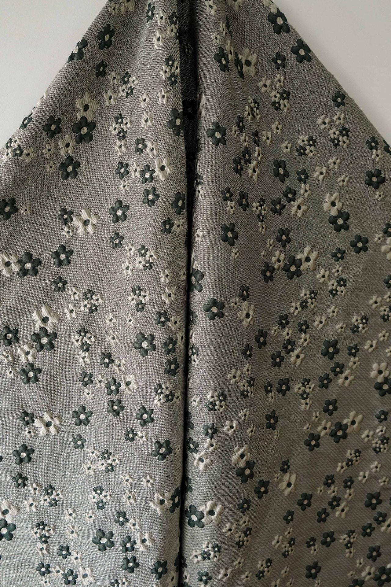 Green Grey Jacquard Fabric: 3D Flower Design, Upholstery & Costume