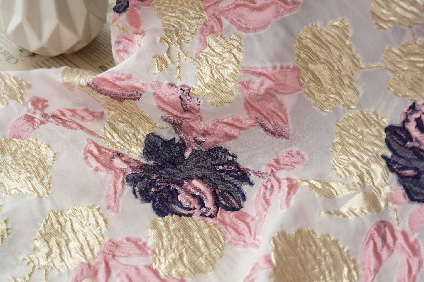 Gold Thread Jacquard Fabric: 53"W Retro Palace Damask - By The Meter