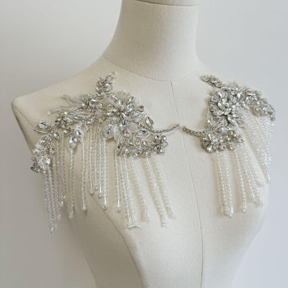 Embroidered Lace Trim: Ivory Sequin Tassel Applique (20cm Pair)