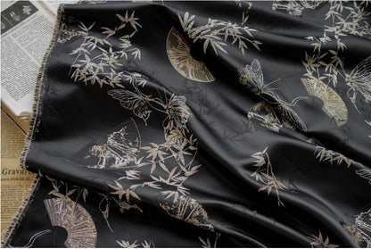 Gold Thread Jacquard Fabric: Butterfly & Fan Design, 58" Wide
