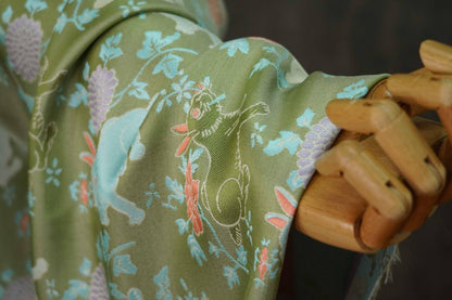 Bean Green Rabbit Brocade Fabric: 66"W Rayon Blend, Cheongsam Sewing