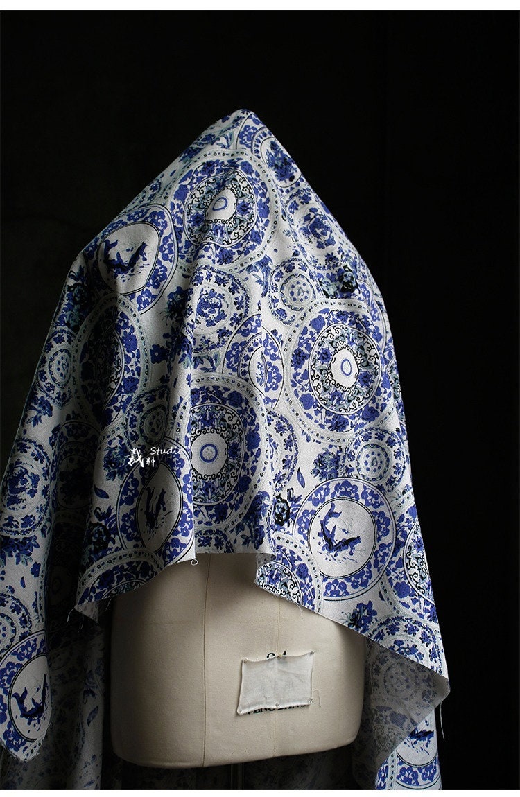 Handmade Linen Cotton Fabric: Floral Print DIY Material, 59" Wide