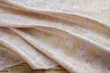 Gold Thread Pink Flower Jacquard Fabric: 3D Embossed Woven, 55"W