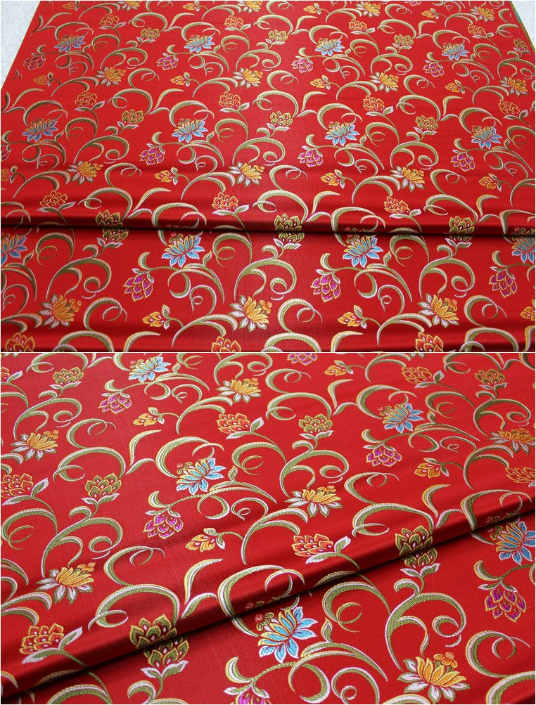 Lotus Jacquard Silk Brocade Fabric: Red, Green, Hot Pink - 29.5" Width