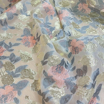 Floral Organza Jacquard Fabric with Gold Thread (57"W)