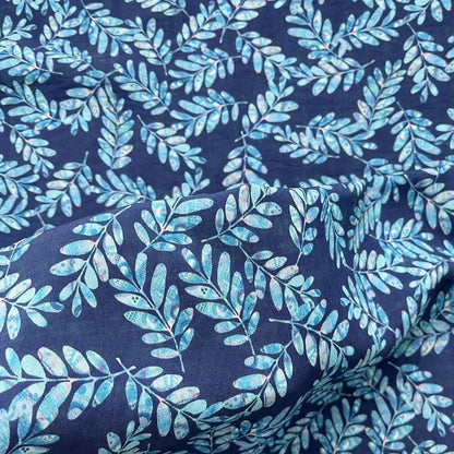 Tissu Tencel Ramie imprimé feuilles bleues : Matériel de couture au mètre
