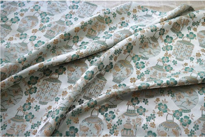 Jacquard Brocade Fabric: Chinese Floral Vase Design, 65" Wide