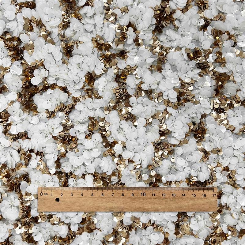 Gold Sequin Lace Fabric | Cream Embroidered Tulle, Bridal Dress, 51" W