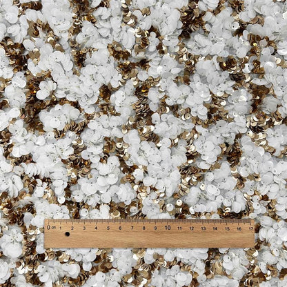 Gold Sequin Lace Fabric | Cream Embroidered Tulle, Bridal Dress, 51" W