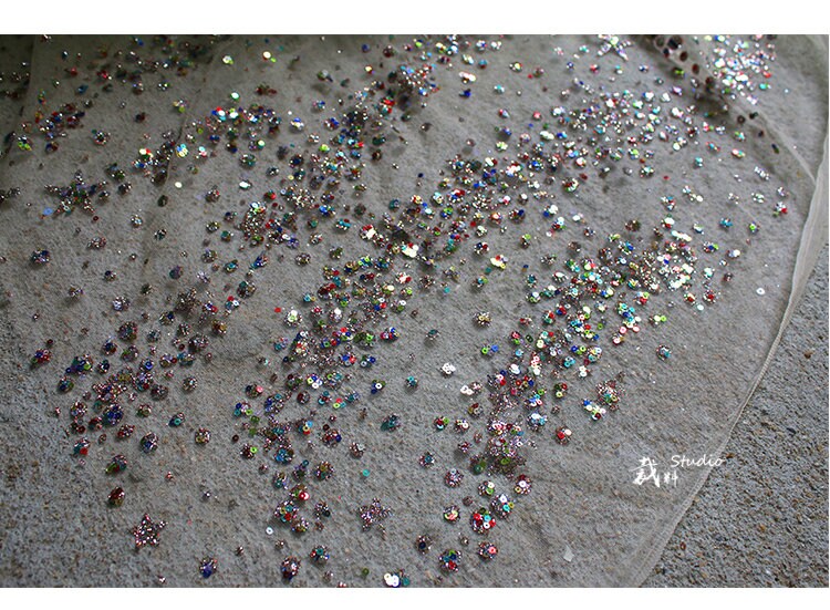 Galaxy Organza Fabric: Bling Sequins, Rhinestones - 63"W