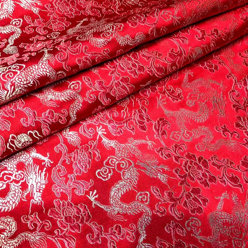 Dragon & Flower Brocade Fabric: Multi-Color Rayon, 59" Wide