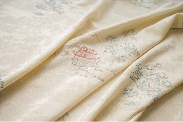 Embroidered Jacquard Fabric: Apricot Ancient Paintings, 59" Wide