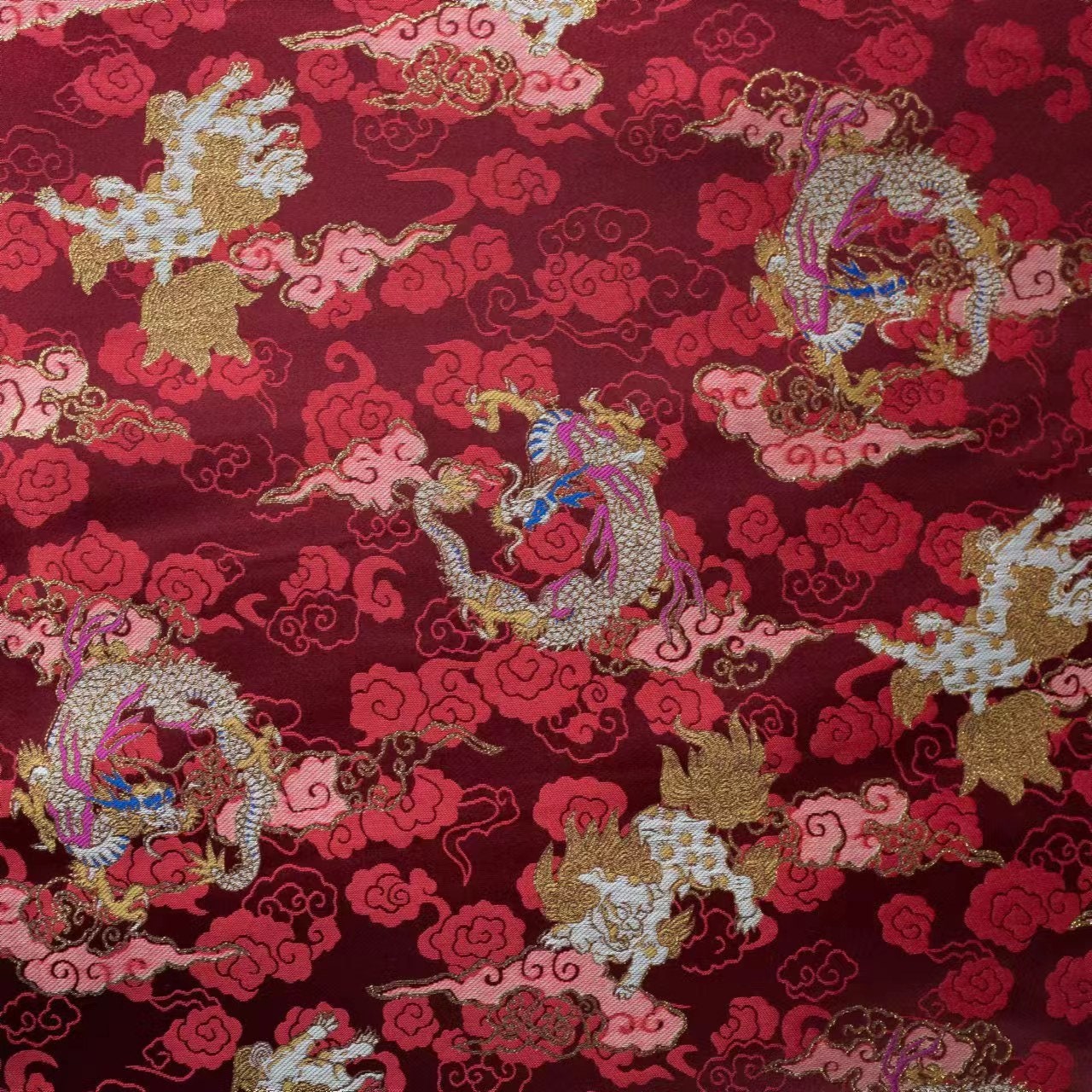 Chinese Dragon & Kirin Brocade Fabric: Blue Rayon, 55" Wide