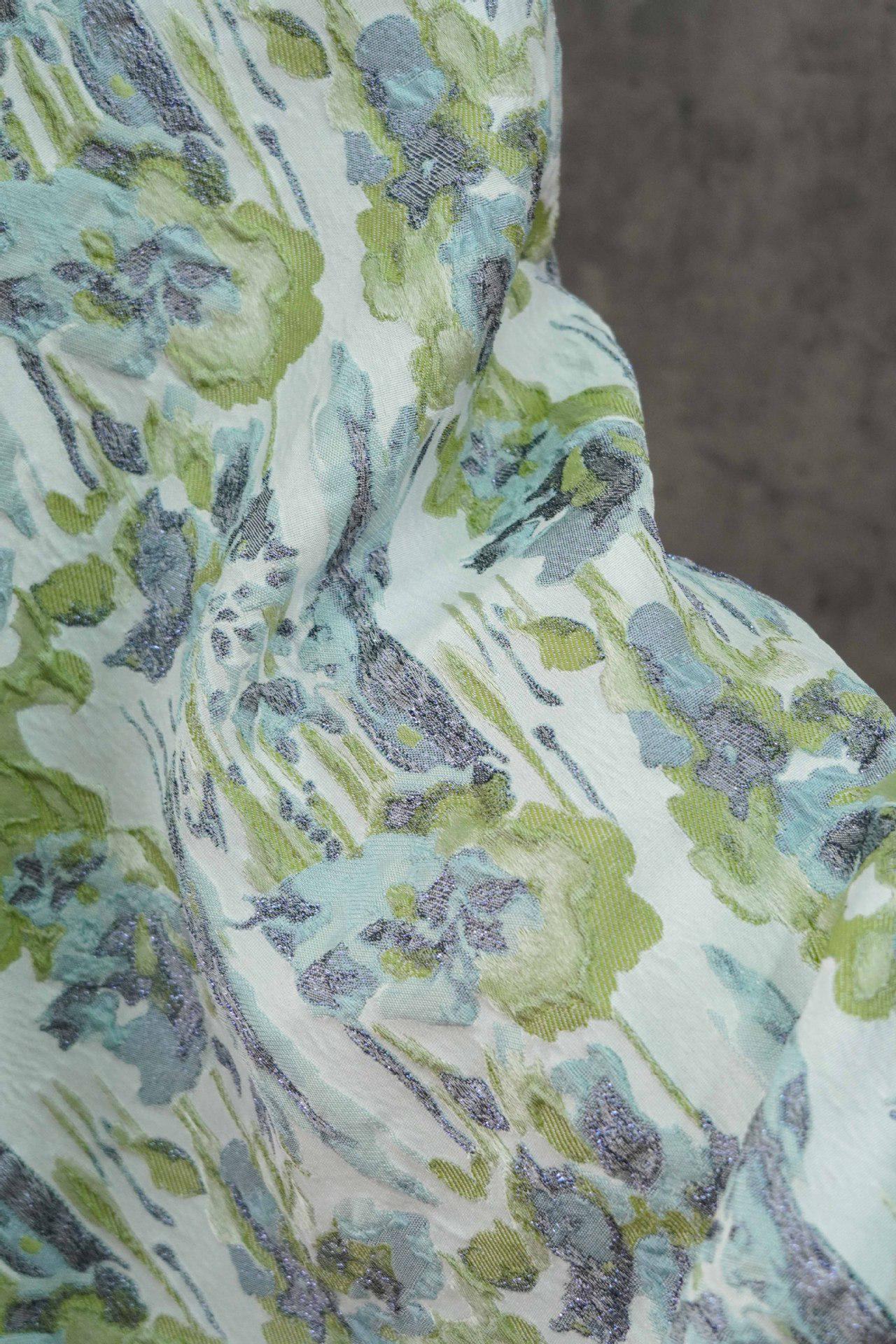 French Abstract Floral Jacquard Fabric: Gold Thread Embossed Woven - 55"W