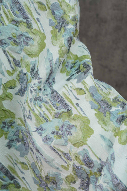 French Abstract Floral Jacquard Fabric: Gold Thread Embossed Woven - 55"W