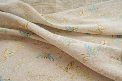 Beige Chenille Jacquard Fabric: Butterfly Foil Upholstery, Costume, Decor