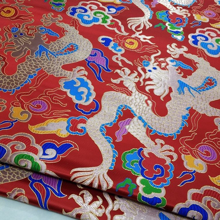 Red Dragon Brocade Fabric: Chinese Wedding Cheongsam Tapestry (27.5"W)