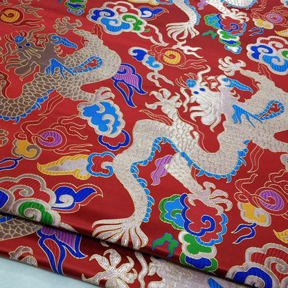 Red Dragon Brocade Fabric: Chinese Wedding Cheongsam Tapestry (27.5"W)
