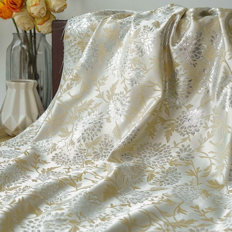 Reversible Floral Jacquard Fabric: Gold Thread Embossed Weave, 65" Wide