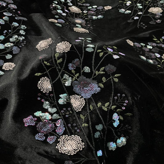 Velvet-Base Botanical Multicolor Sequin Embroidery Fabric, 49"Wide