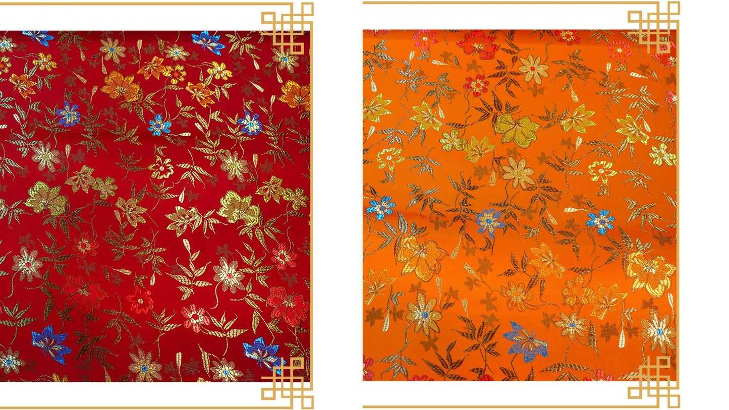 Tissu brocart de soie à motif floral : satin de rayonne Golden Bud (45 po L)