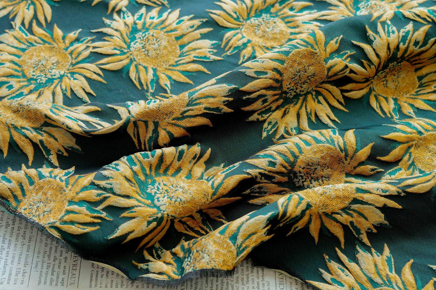 3D Embossed Sunflower Jacquard Fabric ��� Textured Woven Upholstery & Decorative Materi"Wide