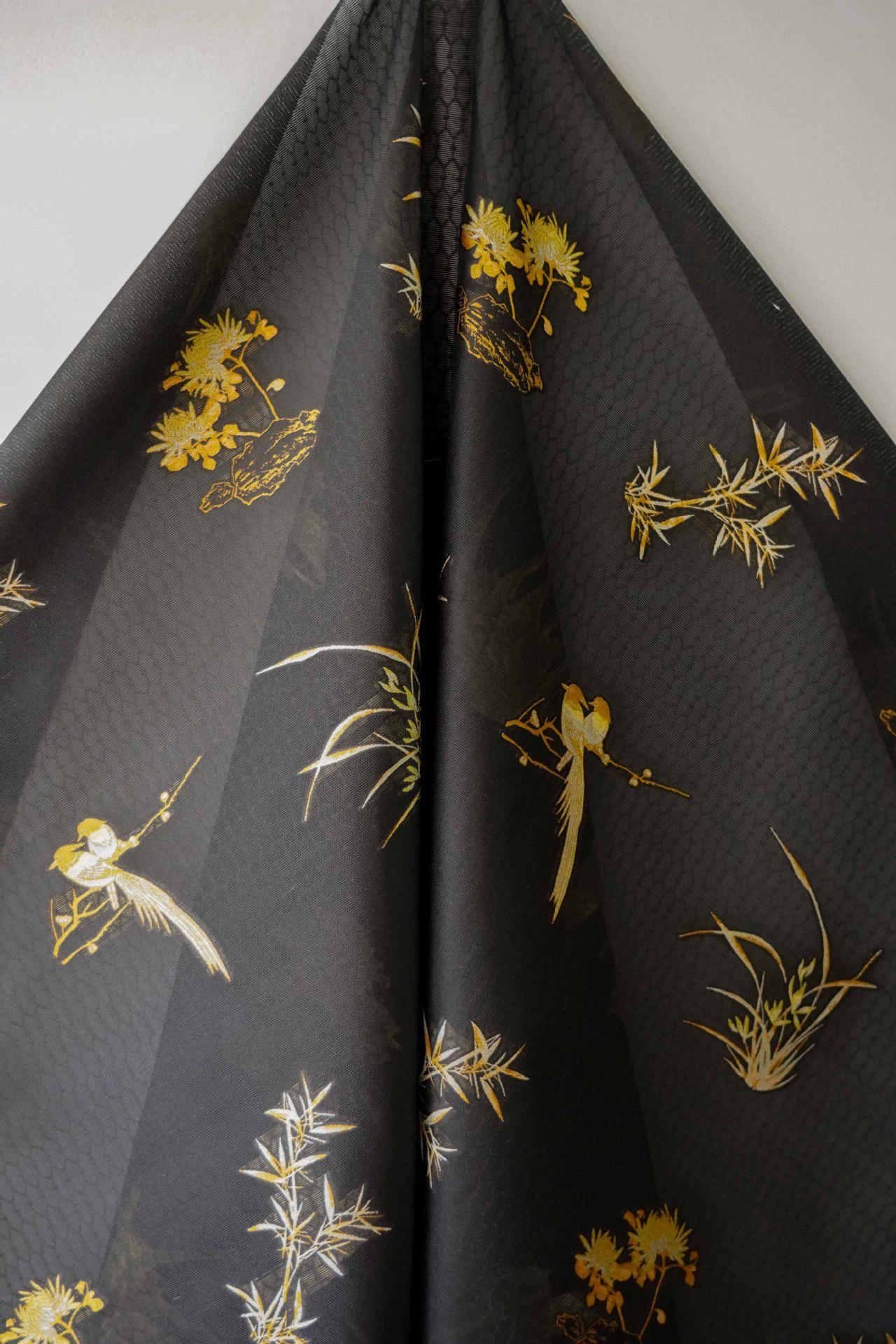 Bird & Bamboo Jacquard Fabric: Japanese Style Dress Fabric, 55"W