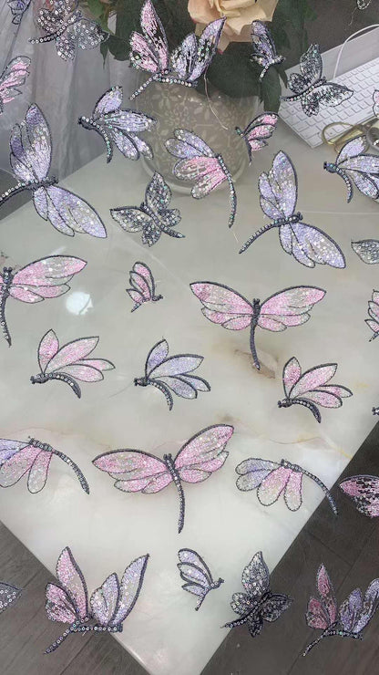 Butterfly Embroidered Sequin Lace Fabric: Two-Tone Tulle Mesh, 59" Wide
