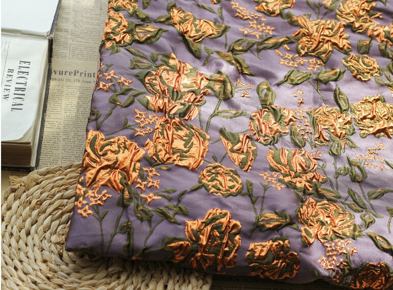 Gold Thread Floral Jacquard Fabric: 3D Texture, 55" Wide