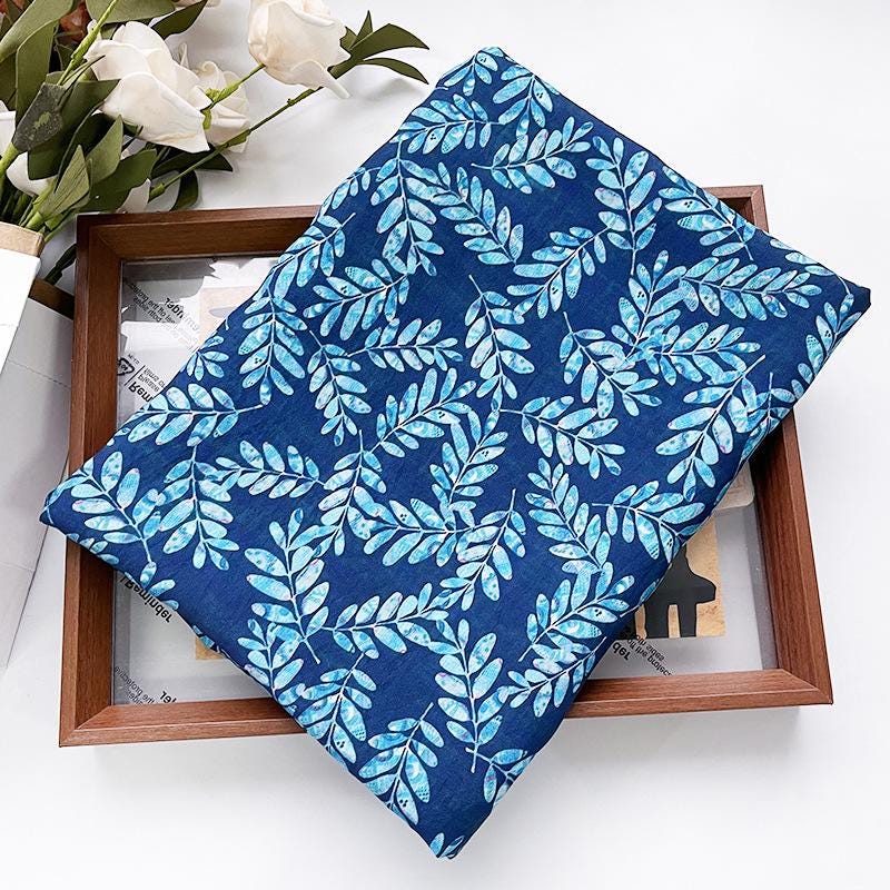 Tissu Tencel Ramie imprimé feuilles bleues : Matériel de couture au mètre