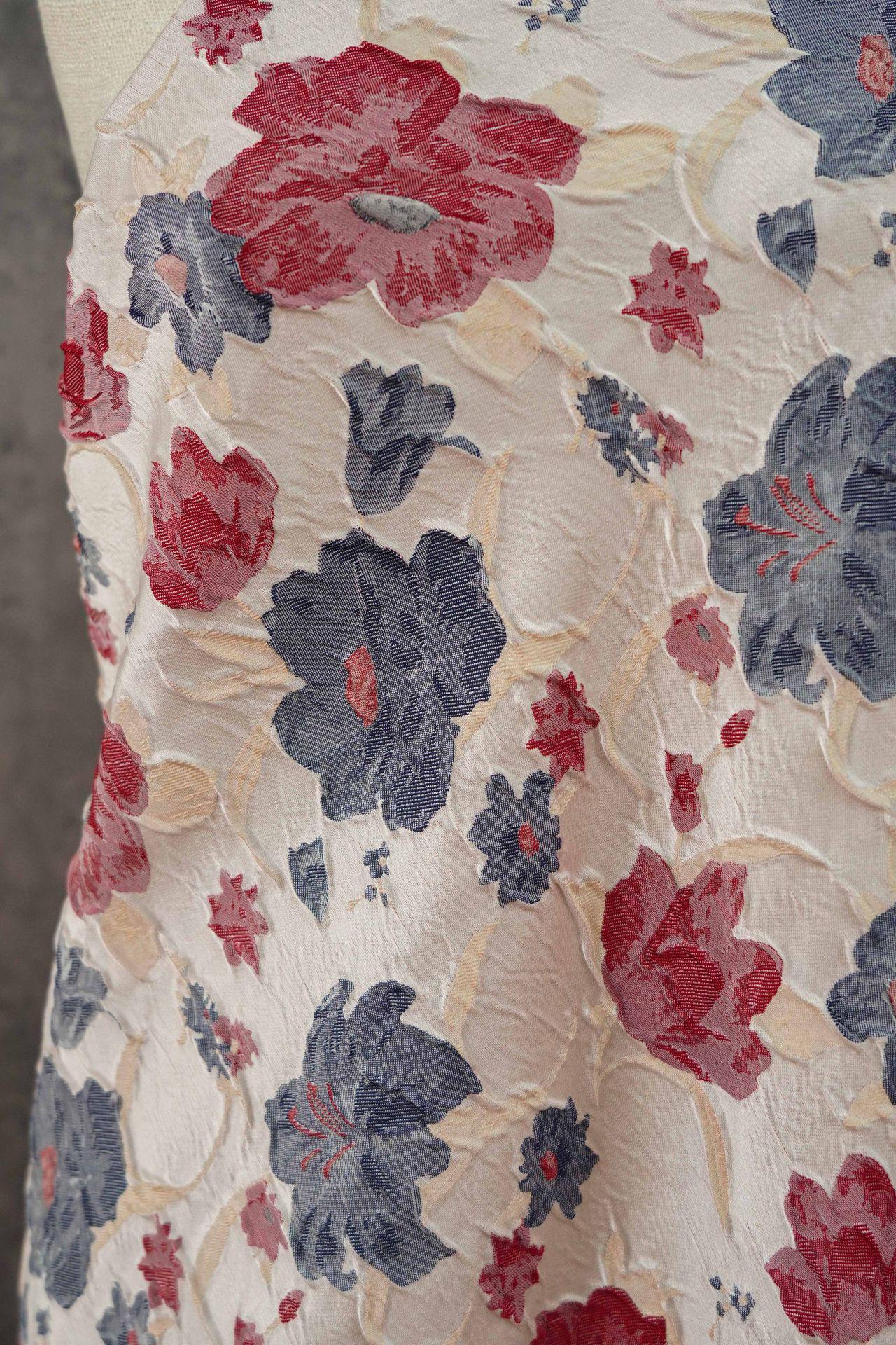 Reversible Jacquard Woven Fabric: Blue Red Embossed Flower, 60" Wide