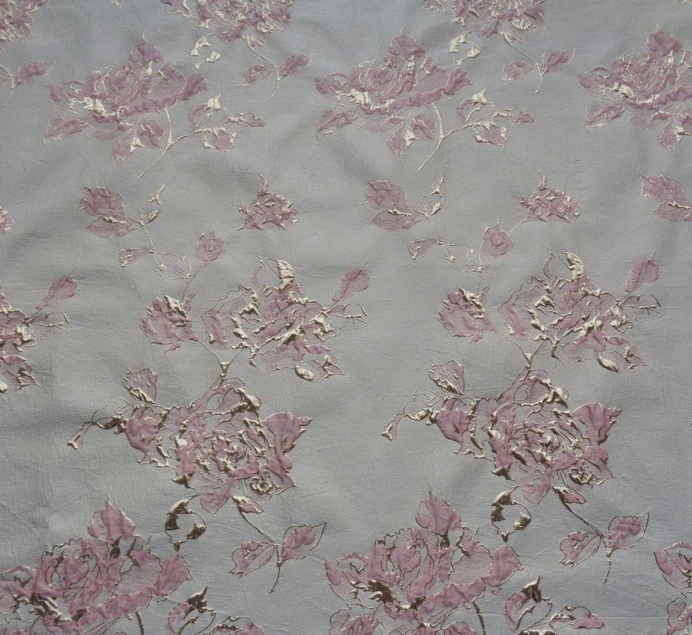 Pink Peony Gold Foil Jacquard Fabric: Chenille Upholstery, Quilting - 56"W