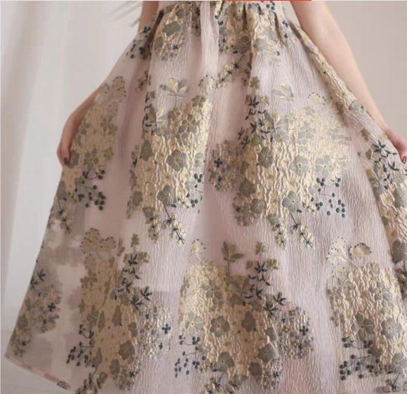 Floral Organza Jacquard Fabric: Gold Thread, 54" Wide, By The Yard